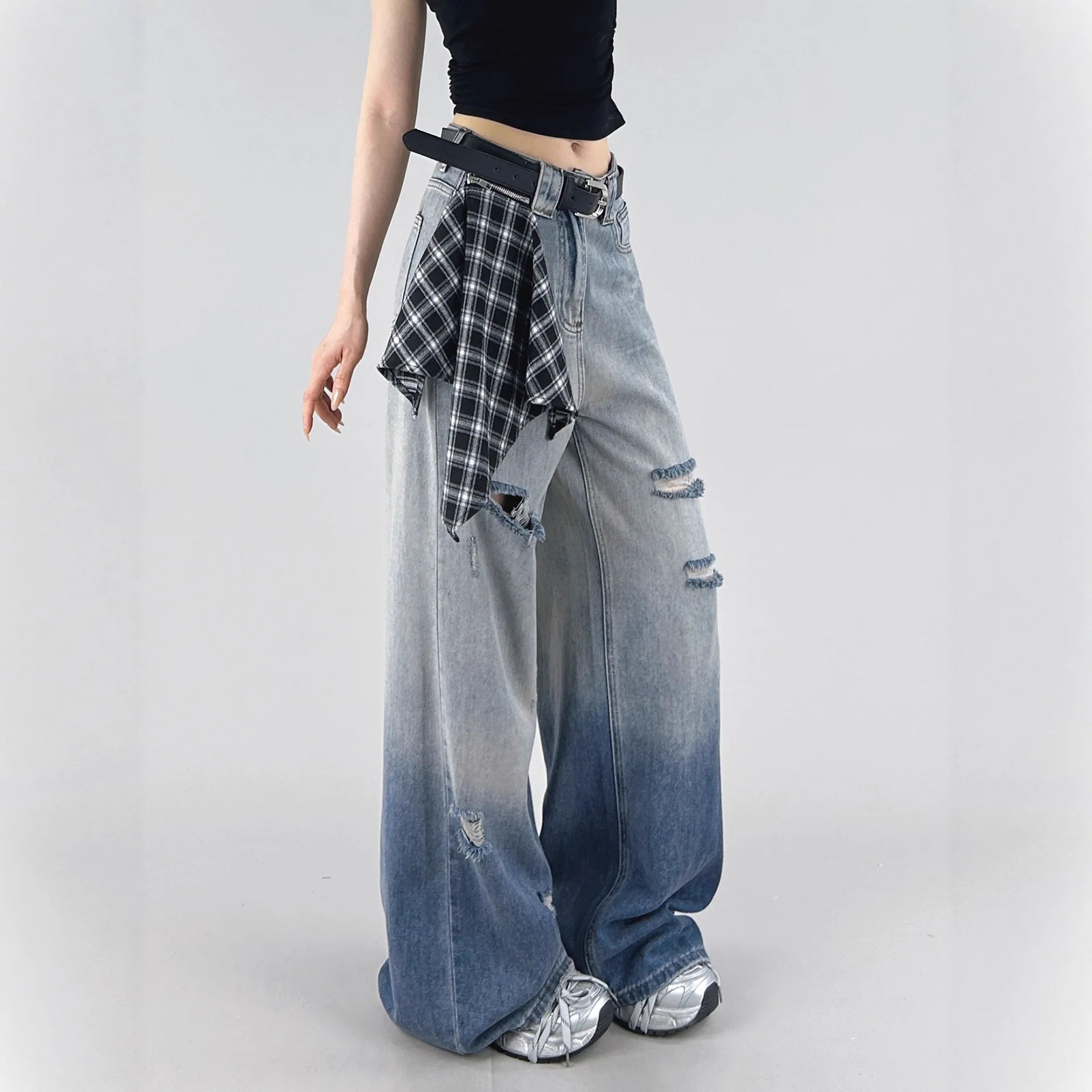 Gradient Color Straight Leg Ripped Jeans for Women in Spring and Autumn High Waist Loose Fit Slimming and Wide Leg Pants