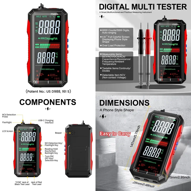 Full Colorful LCD Screen Displaying 6000 Counts Auto-ranging Digital Multimeter Multi Tester Meter for Measuring