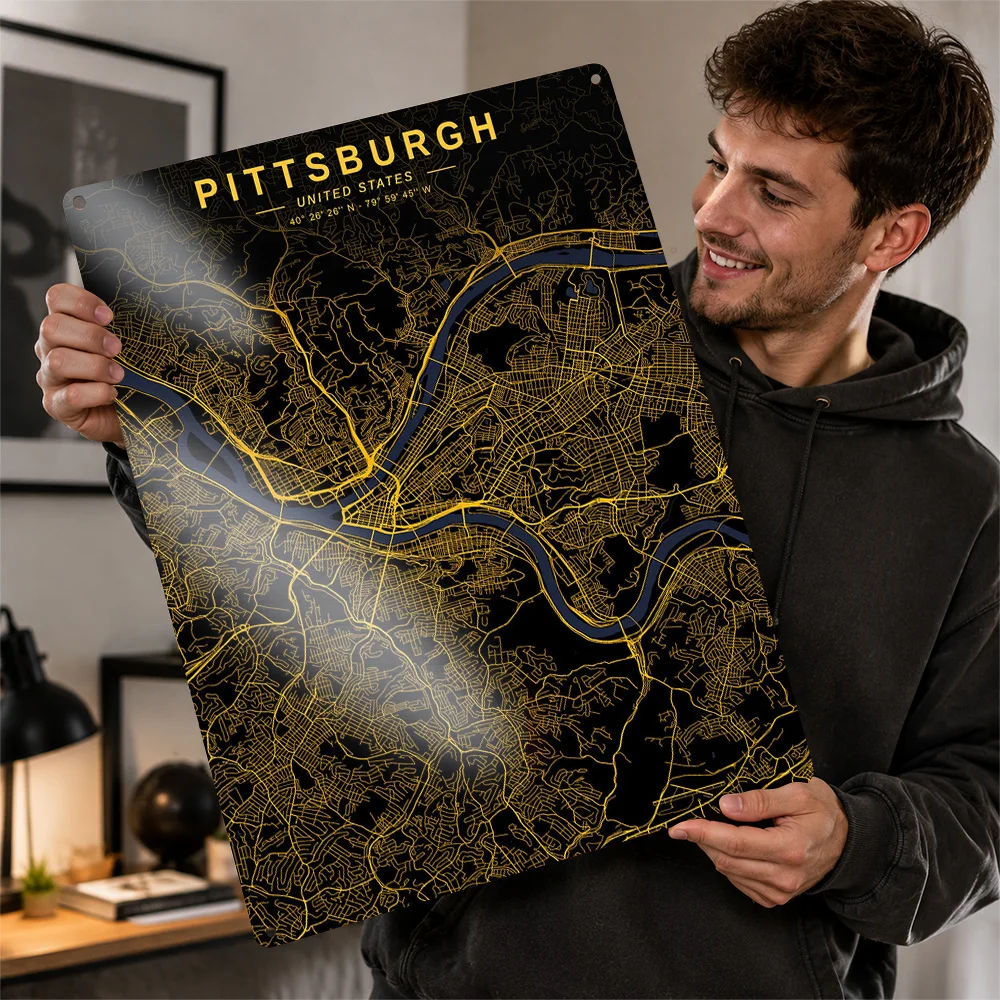 Pittsburgh Golden City Map Printed Poster Personalized Aluminum Metal Sign Geographic Linework Wall Art Ideal For Home Offices