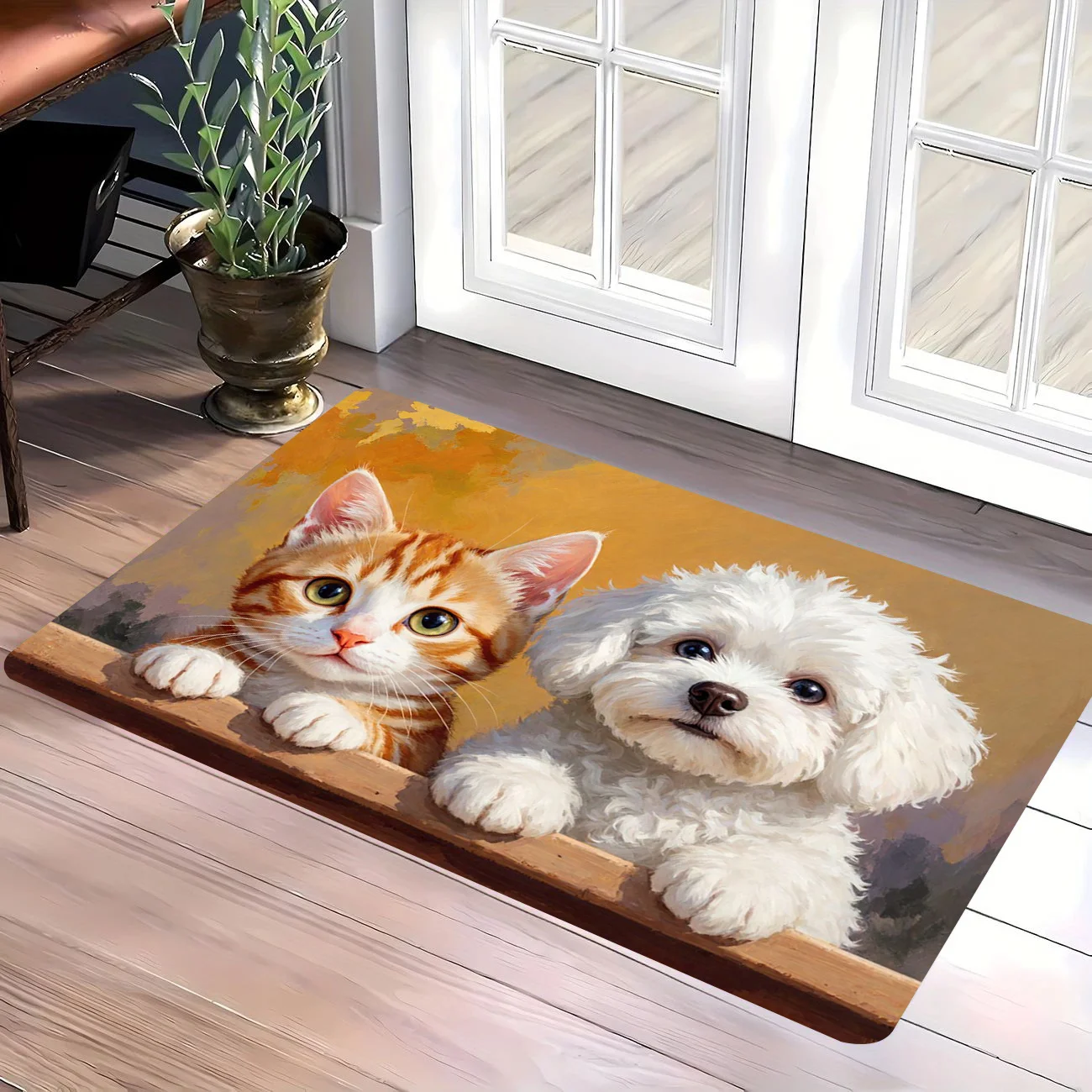 2D Flatorange Tabby Cat White Bichon Peeking Wood Frame Warm Light Flannel Area Rug Non Slip Cute Pet CarpetFor Living RoomFloor