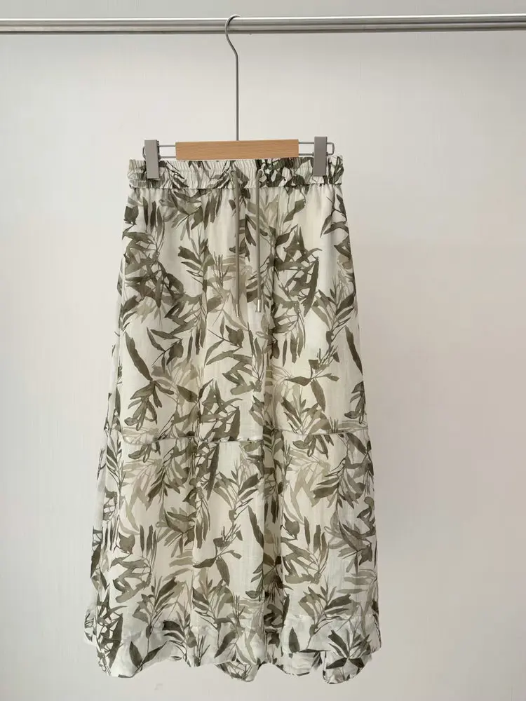 2026 Spring Summer New Ramie Printed Half Skirt Elastic Waist A-line Skirt
