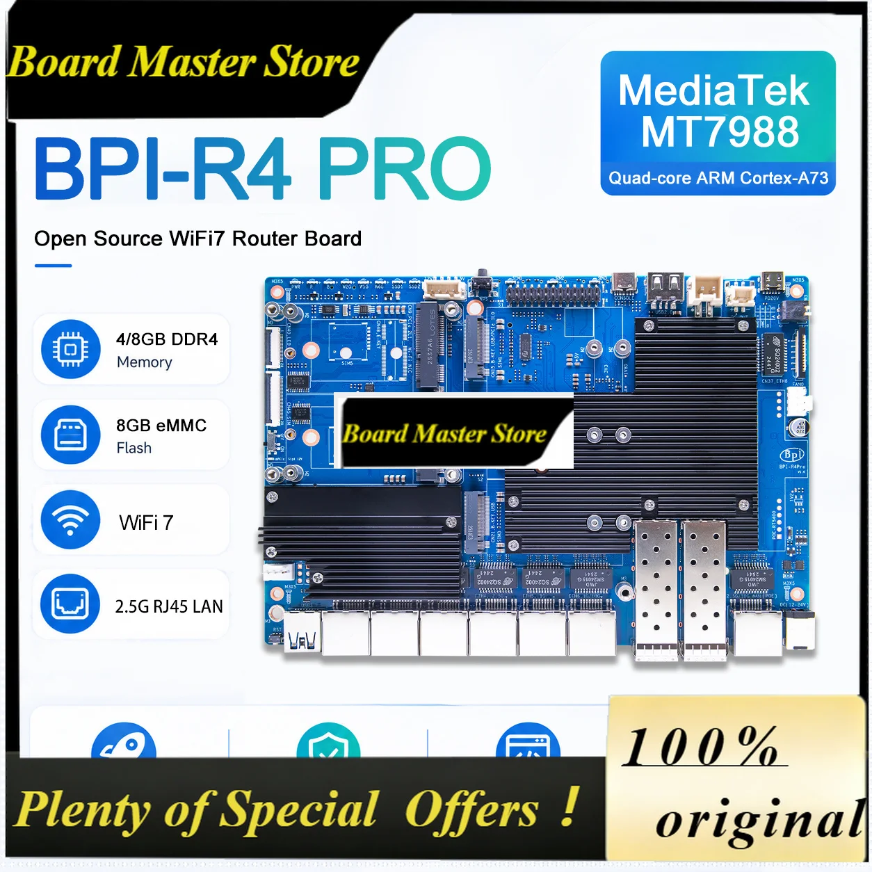 BoMaSBanana Pi BPI-R4 PRO MediaTek MT7988A (Filogic 880) Quad-core Arm Corex-A7 8GB DDR4 8GB EMMC Wifi7 Router Board Home Automa