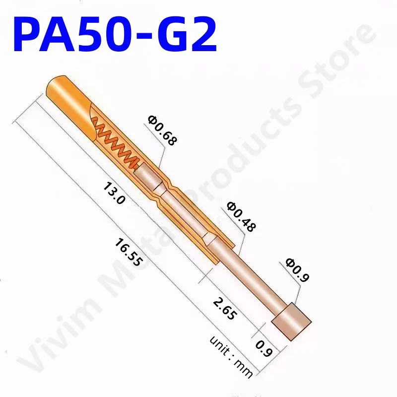 100PCS PA50-G2 Spring Test Probe PA50-G Test Pin Test Tool 16.55mm Dia0.68mm Gold Needle Tip Dia 0.9mm Pogo Pin P50-G P50-G2