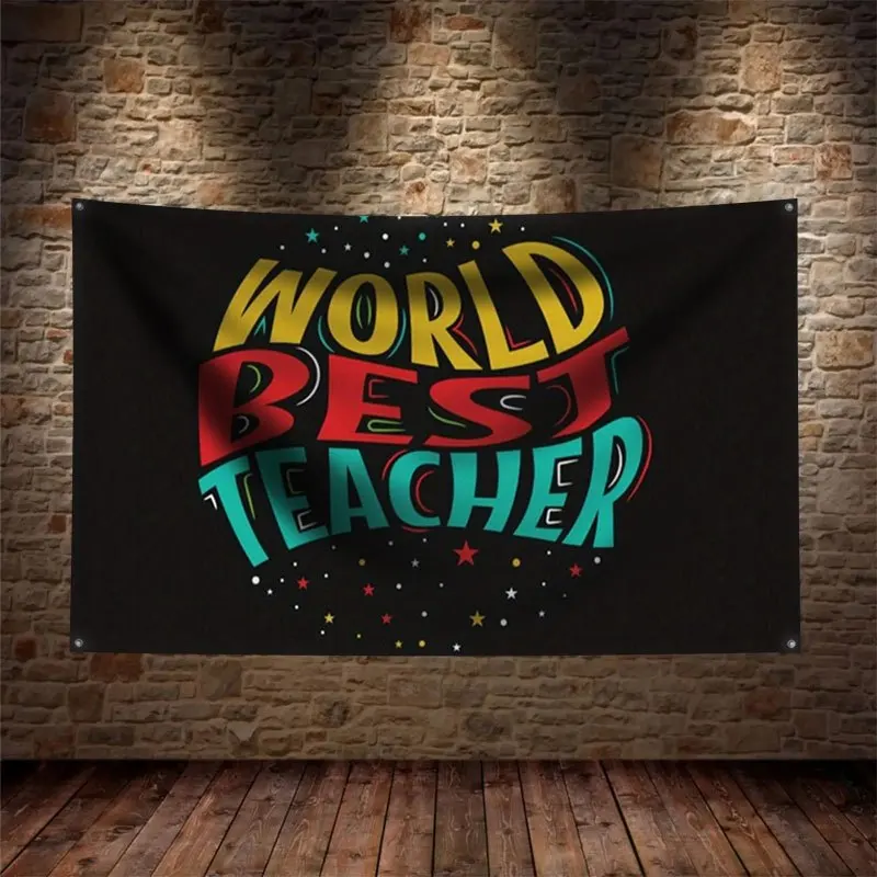 Premium World Best Teacher Banner Tapestry Flag Wall Decor for Classroom Gift Appreciation Day Education School Poster Sign