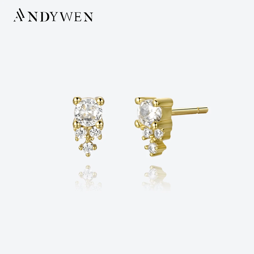 

ANDYWEN 925 Sterling Silver Gold Clear CZ Chelsea Stud Earring Clips Pendiente Small Women Luxury Jewelry Gift Party Jewels