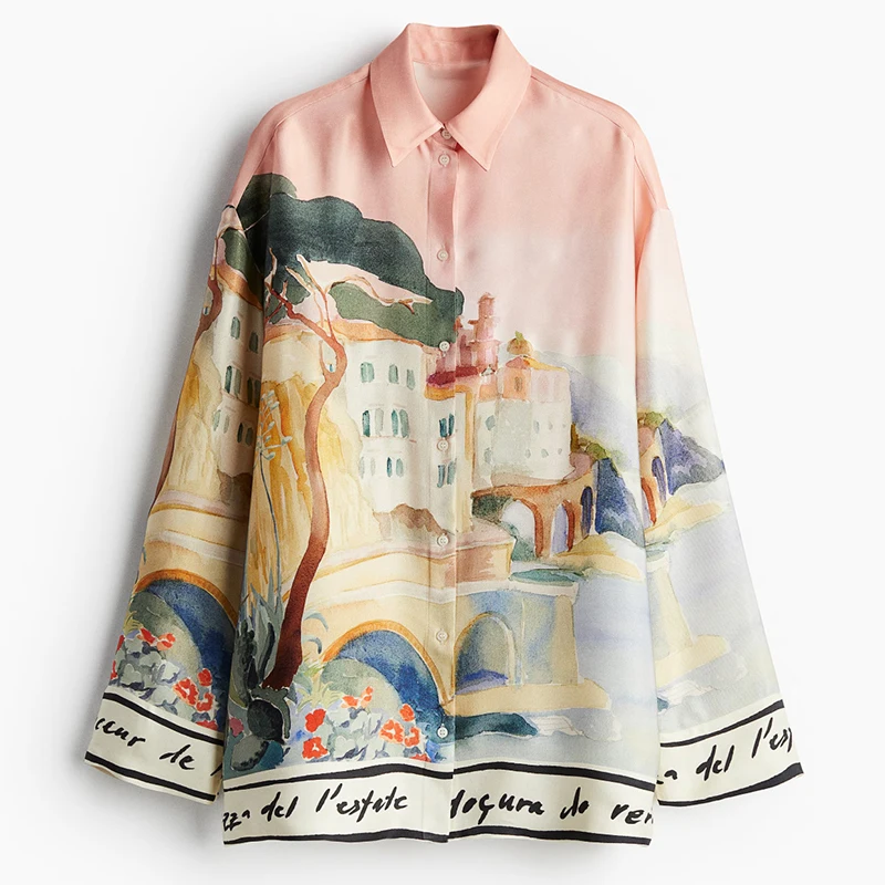 Blusa holgada informal de manga larga para vacaciones para mujer, Tops con botones estampados a la moda de primavera 2025, camisa elegante con cuello de solapa para la playa