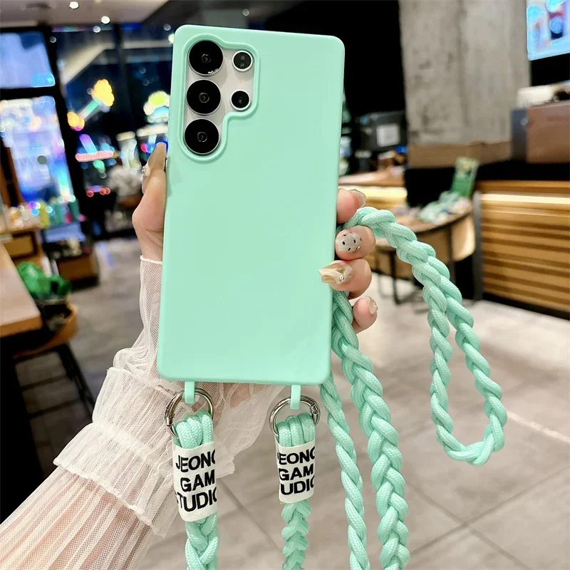 삼성 갤럭시 A06 A16 A26 A56 A55 A35 A15 A05S용 롱 랜야드 크로스바디 랜야드 케이스, 캔디 컬러 실리콘 소프트 TPU 백 커버