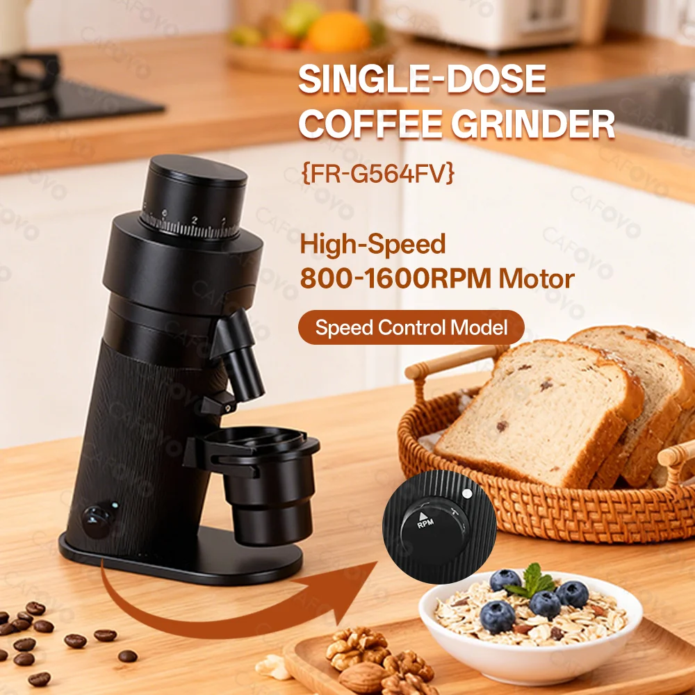 

CAFOVO G564FV Variable Speed Coffee Grinder 64mm Flat Burr Coffee Bean Miller 800-1600RPM Stepless for Espresso & Filter Coffee