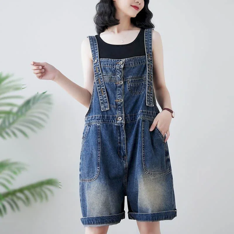 

Denim Jumpsuits Vintage Big Pocket Loose Wide Leg Shorts Korean Style Romper Casual Bodysuits One Piece Outfits Women Clothing