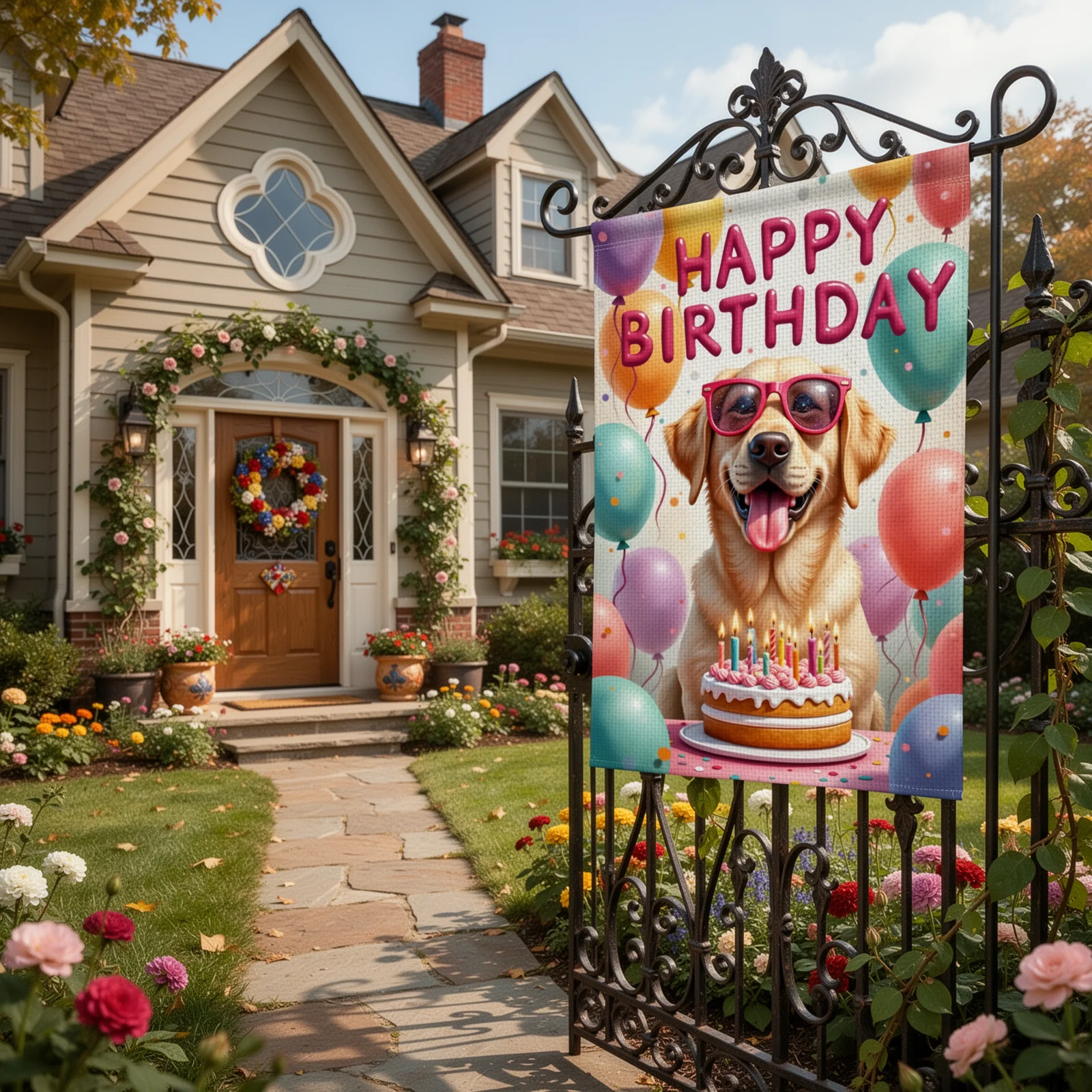 Garden Flag Dog Pattern Dog Themed Birthday Flag Pet Lover Birthday Garden Flag Birthday Cake Motif For Backyard Gatherings