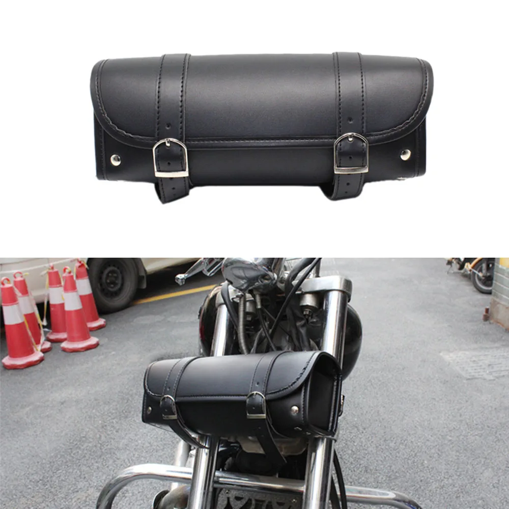 

1pc Universal Motorcycle Front Fork Bag PU Leather Saddlebags Black Handlebar Tool Bag