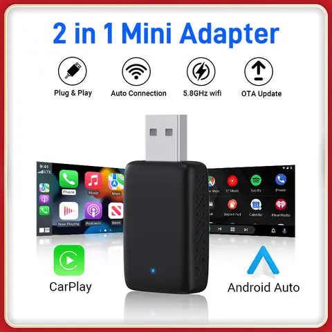 NEW Wireless CarPlay Android Auto Adapter Wired to Wireless 2 in 1 Mini Car Ai Box for Audi Toyota VW Peugeot plug and paly