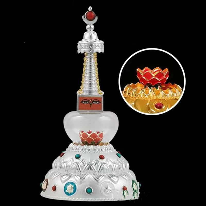 Silver Tibetan Stupa Tantric Auspicious Pearl Inlaid Gem Glass Eye Heaven Alloy Handicraft Altars Indoor Desktop Decorative