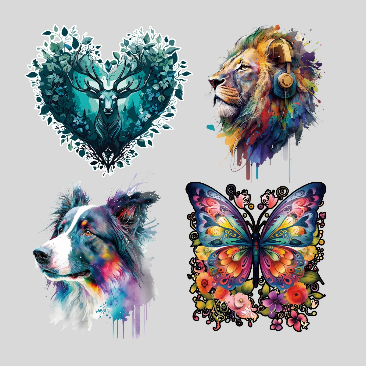 1/4pcs  Colored Animals Heat Transfer Stickers DIY Deer, Dog, Butterfly, Lion Iron On Transfer For Clothing Billow Patches