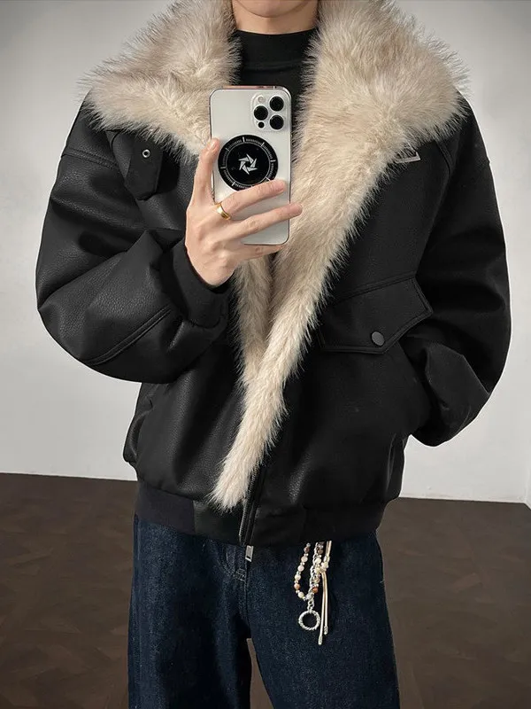 

TANGZ Studio American Retro Loose Men's Cotton Jaet with Fur Collar High Quali PU Leather Sensation Mountain Eagle Design