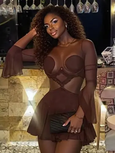 Imagen 2 del producto Vestido de malla de retazos sin cintura de Sisterlind para mujer, cuello redondo, manga completa, diseño hueco con volantes, fiesta de medianoche, Sexy Bodycon a la moda