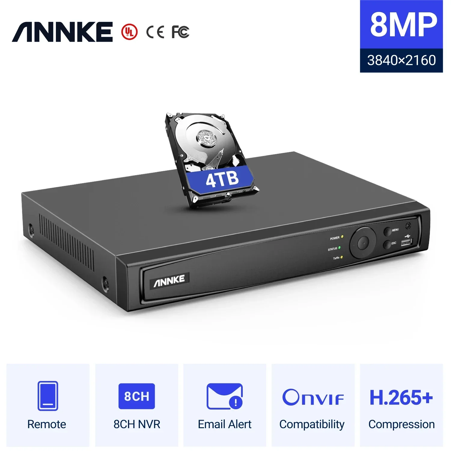

ANNKE H.265+ 4K 8CH POE NVR 1SATA MAX 6TB Smart Playback Motion Detection Network Video Recorder With 4TB Hard Drive