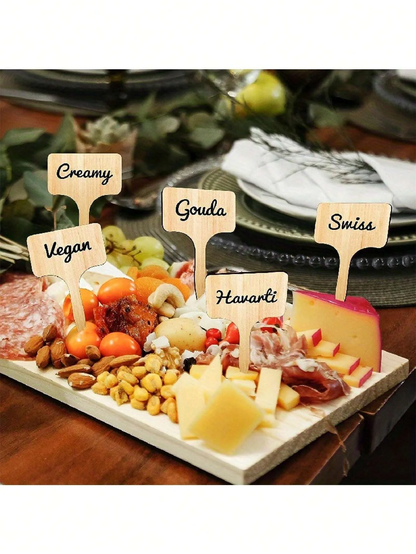 10pcs Reusable Wooden Fruit And Dessert Square Label Sticks, DIY Cheese Name Tag, Perfect For Parties, Weddings, Birthdays, And