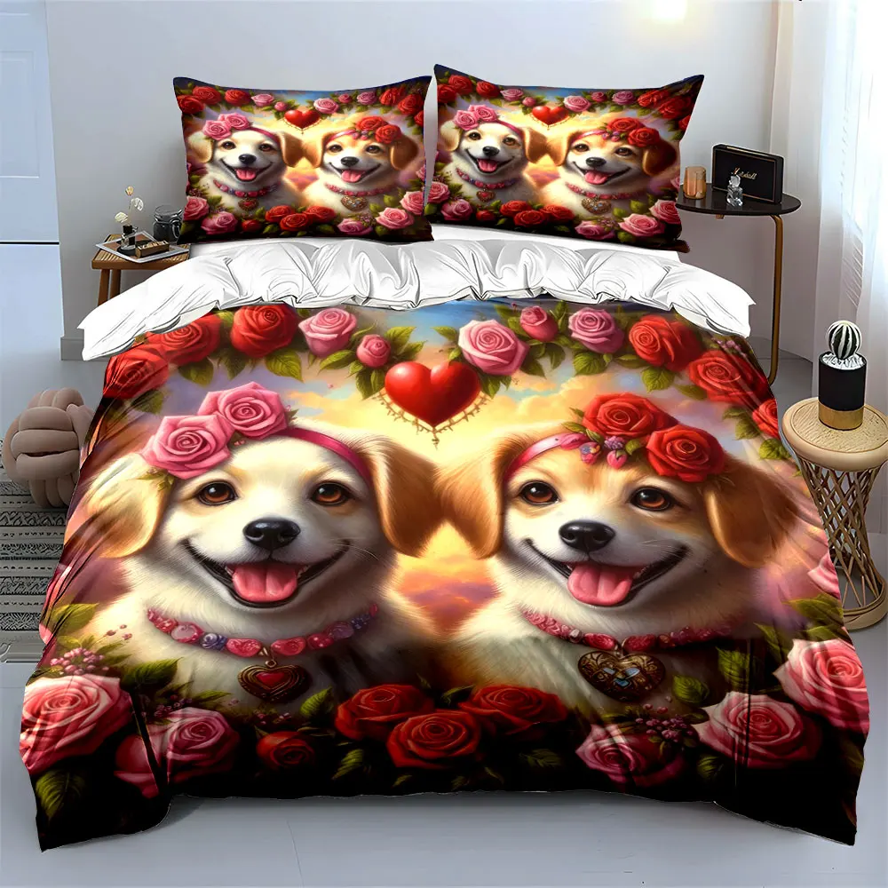 Romantic moment of dogs with roses Print Duvet Cover Bedding Set Included 1*Duvet Cover 2*Pillowcases Luxury gifts