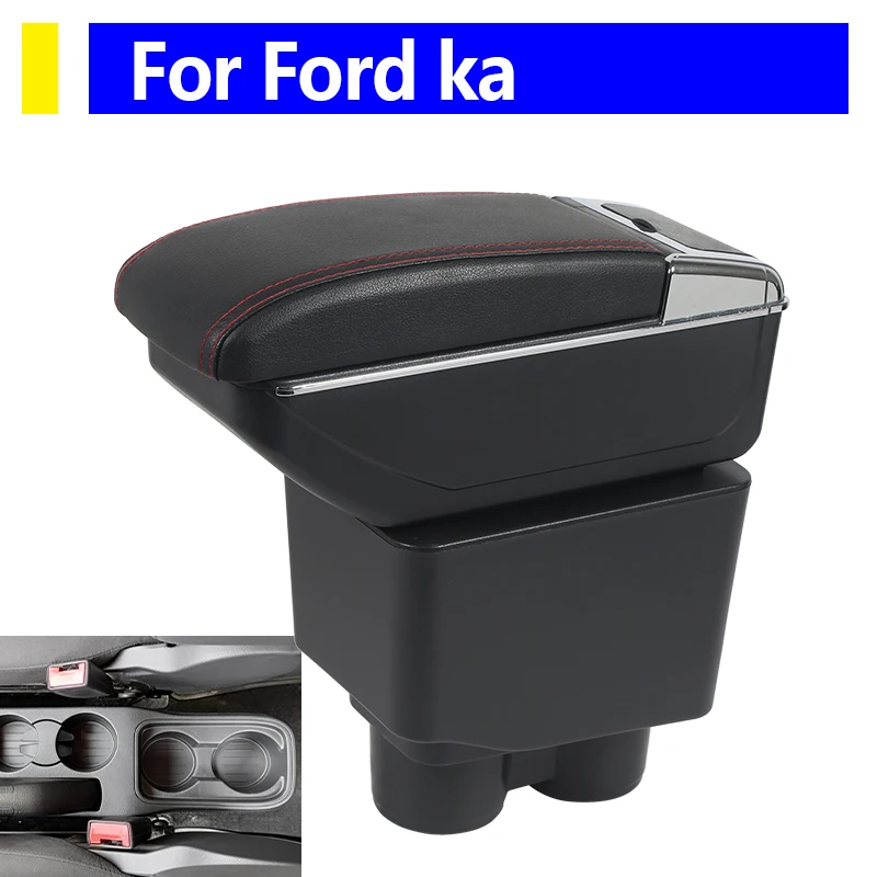 

Подлокотник для Ford Ka, дизайн интерьера автомобиля, консольная коробка для хранения с подстаканником, черная искусственная кожа, автомобильные аксессуары