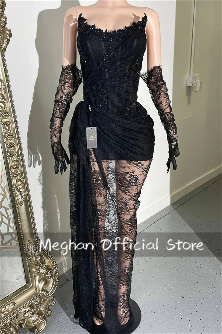 Black Strapless Long Prom Dresses For Black Girls Bead Crystal 2024 Birthday Luxury Dress Lace Evening Dresses Gloves Customized