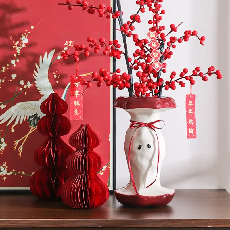 Red Ceramic Vase Small Retro French Style Flower Arrangement Hydroponic Planter Medieval Home Decor Ornament