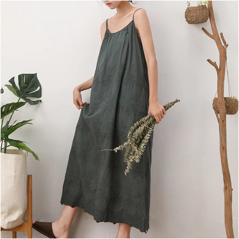 Johnature Sleeveless Spaghetti Strap Embroidery Dresses 2024 Summer New Mori Vintage Solid Color Render Women Dress