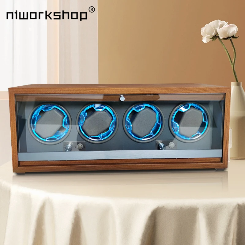 Niworkshop 4 Slots  Automatic Watch Winder, Wooden Watch Box,with LED Light, Super Quiet Motor,4 Rotation Modes