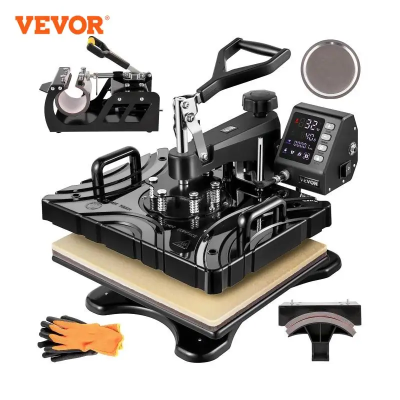 VEVOR Heat Press Sublimation Machine 5-in-1 6-in-1 12 X 15 Inch Black & Blue Simple Digital Display Printing for Caps Hats Shoes