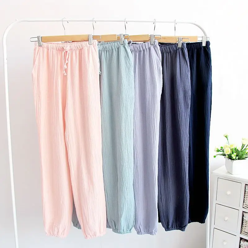 

100% Gauze Cotton Women Home Drawstring Trousers Loose Thin Sleeping Trousers Home Pants For Couples Pajama Pants Sleepwear