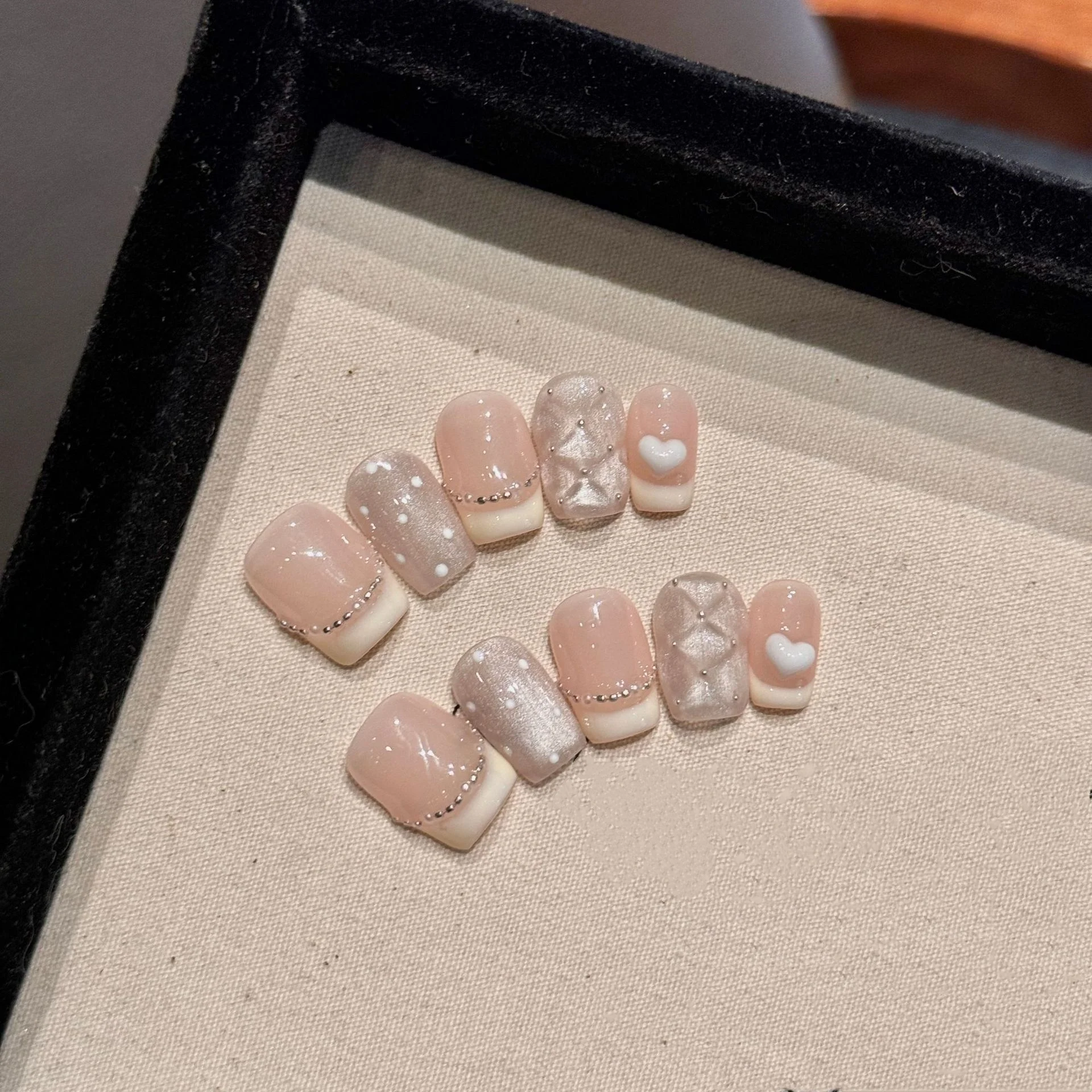 

10pcs Cute Pink Short Square Press on Nails French Handmade Professional Full Cover Fake Nail Tip 3D Heart Polka Dot False Nails