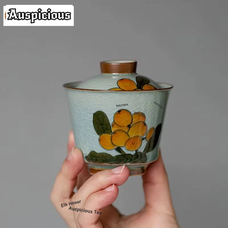 120ml Boutique Pure Hand Painted Loquat Art Ceramic Tea Tureen Ice Cracked Glaze Tea Maker Samll Gaiwan Household Kungfu Teaware