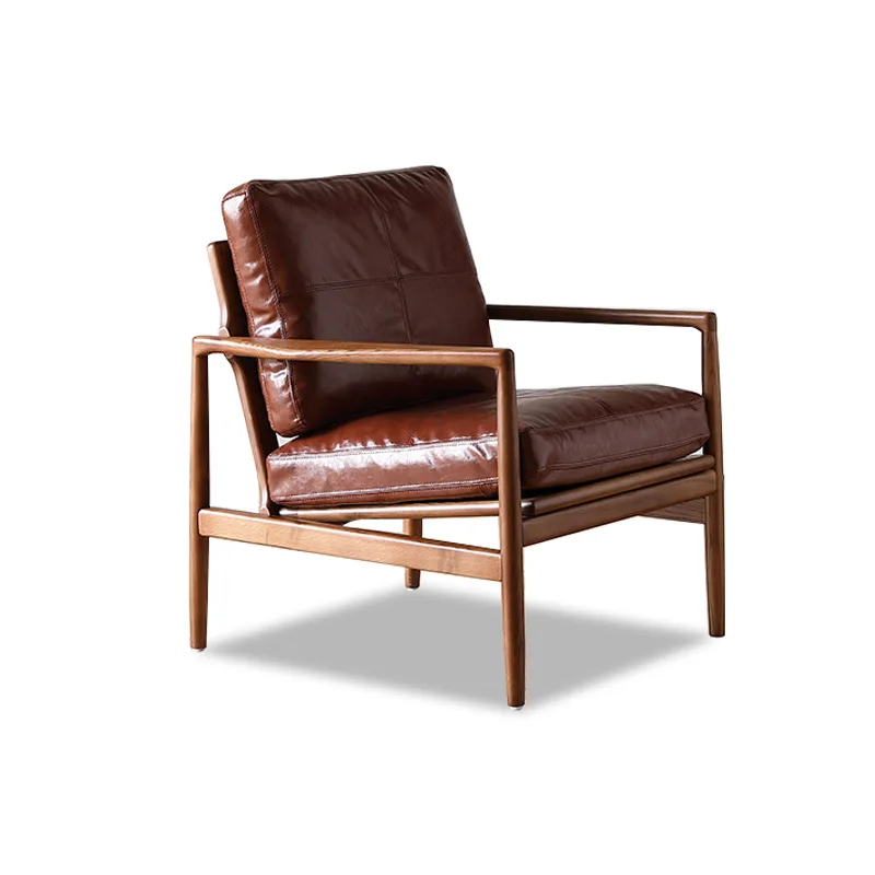 

Solid wood single leather sofa chair antique North American ash wood balcony armrest chair