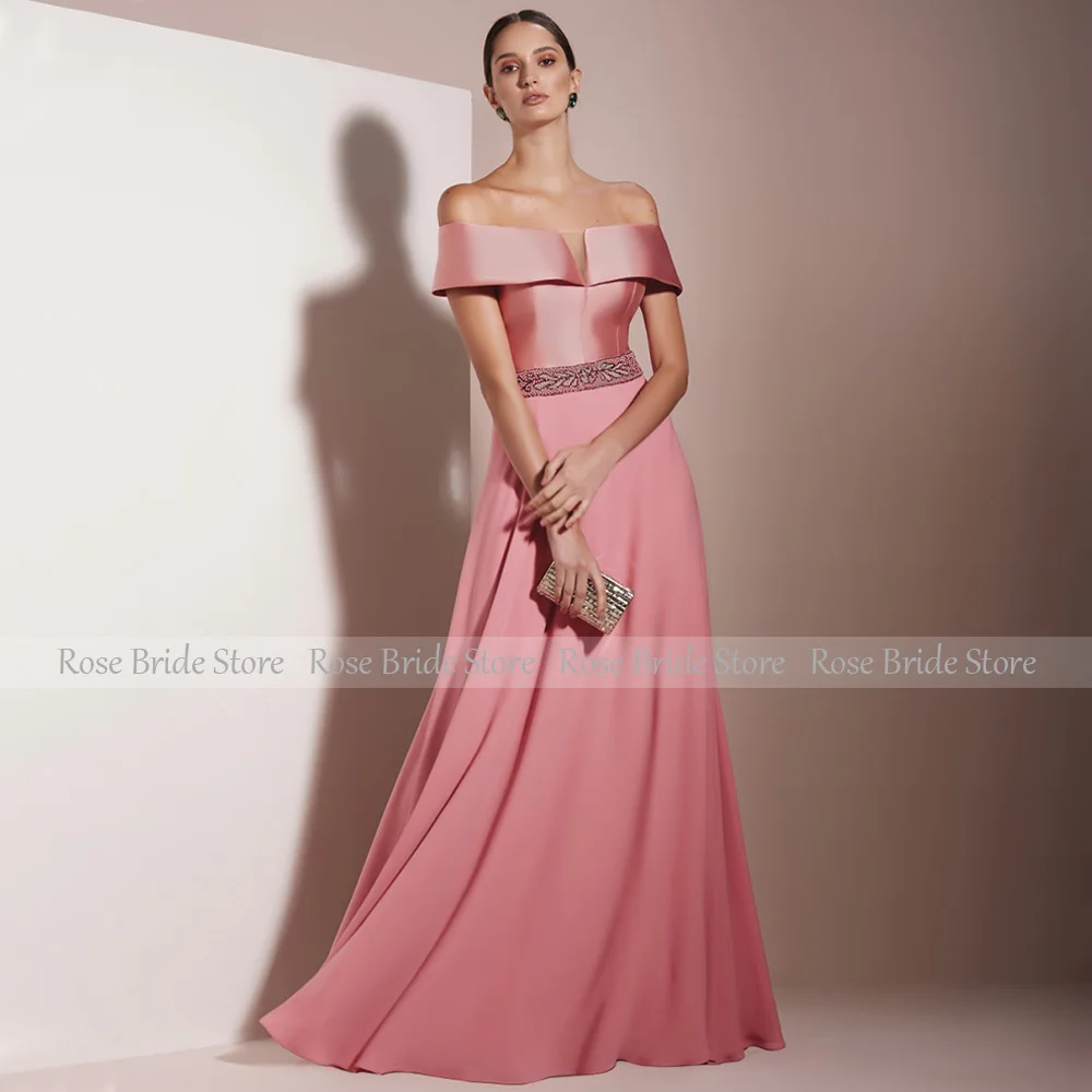 2023 Mother of  Bride Dresses for Weddings Off  Shoulder Pink Wedding Guest Gowns Long A Line V Neck Beading Evening Dress