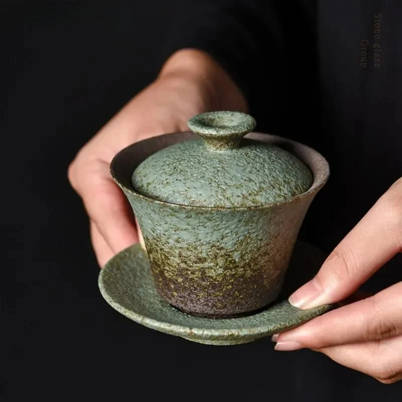 180ML Retro Grobe Keramik Drei Gaiwan Haushalt Ofen Ändern Keramik Teetasse Tragbare Schönheit Tee Schüssel Benutzerdefinierte Traditionelle Tee-Set