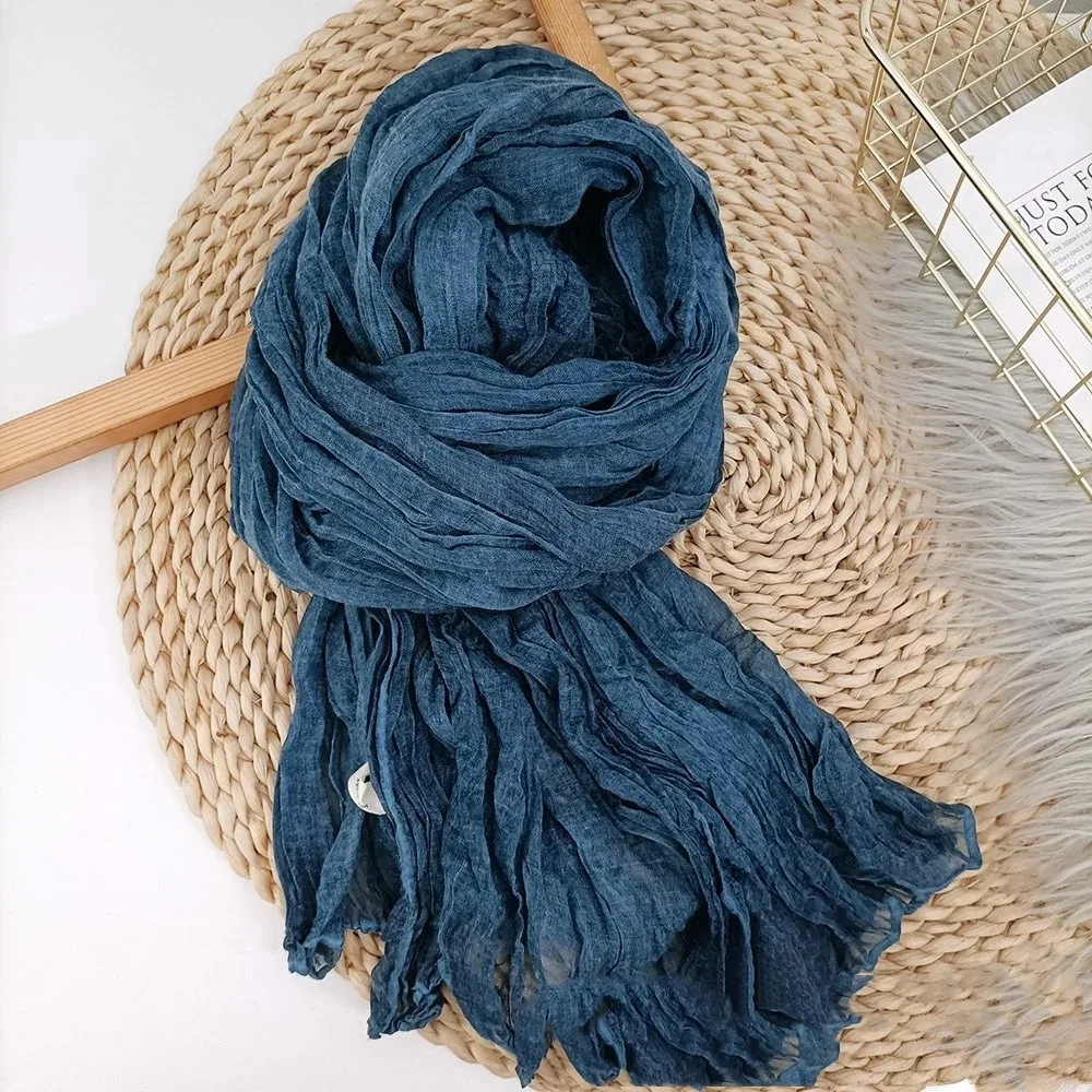 Cotton Linen Scarf Solid Color Female Literary Texture Fold Length Spring Autumn Winter Shawls Thin Fried Dough Twists Ethnic