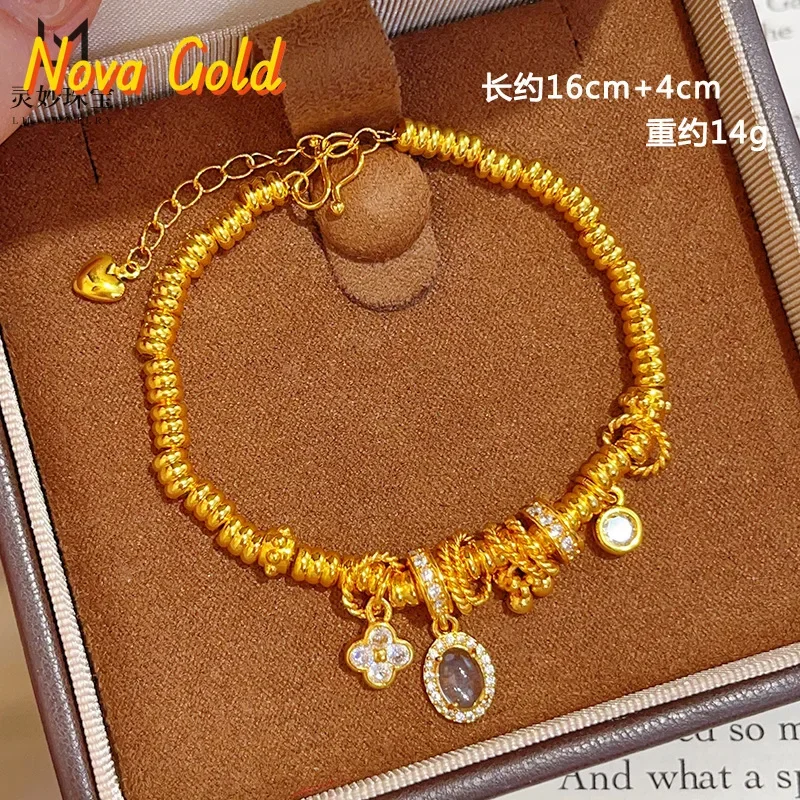 NovaGlod Longxin same style 9999 white diamond pigeon egg lucky grass dish bracelet 24K real gold running ring bubble bracelet e
