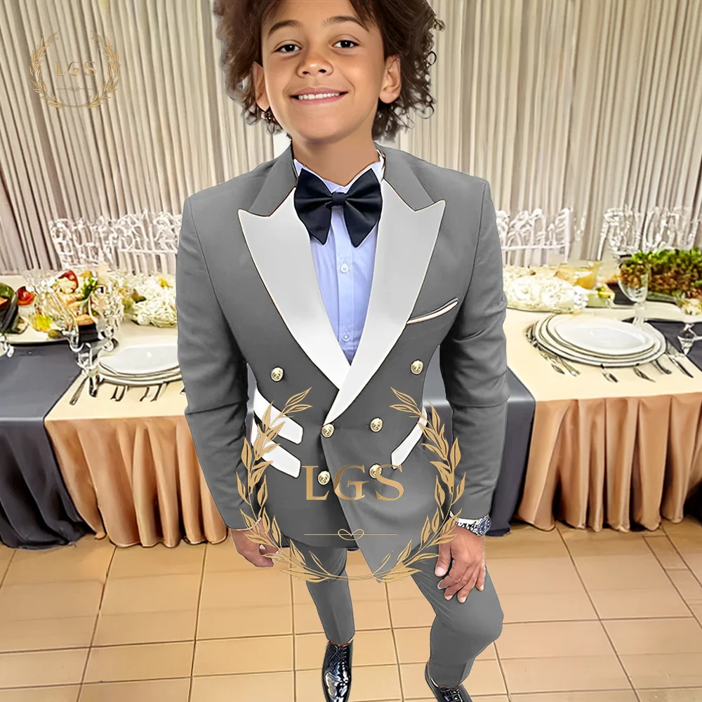 

Boys' 2-Piece Trendy Double-Breasted Suit: Color-Blocked Blazer with Gold Buttons for Occasions, Customization Available