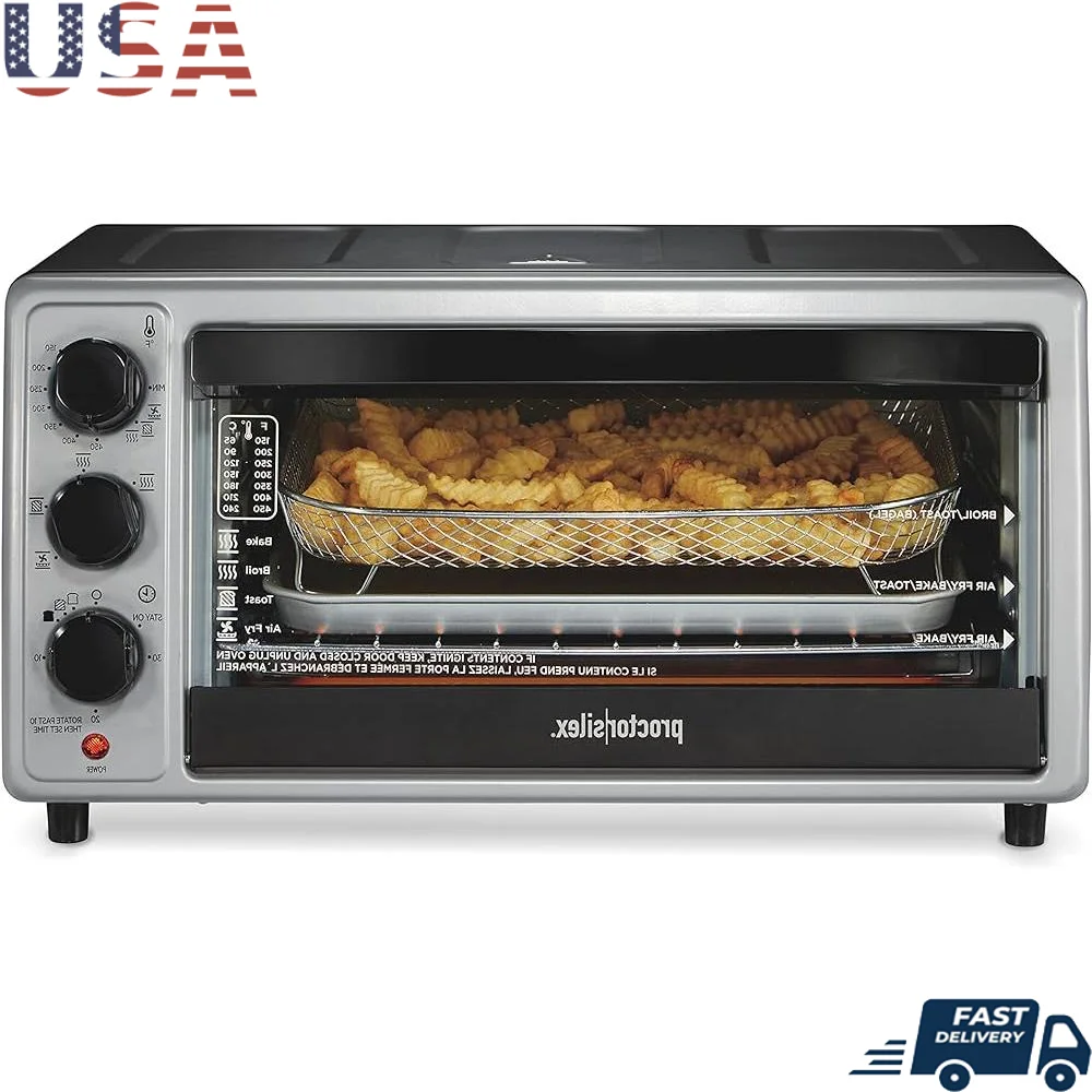 

Air Fryer Toaster Oven Combo 4 Functions Convection Bake Broil 6 Slice Capacity Includes Mesh Basket Bake Pan Crumb Tray Easy