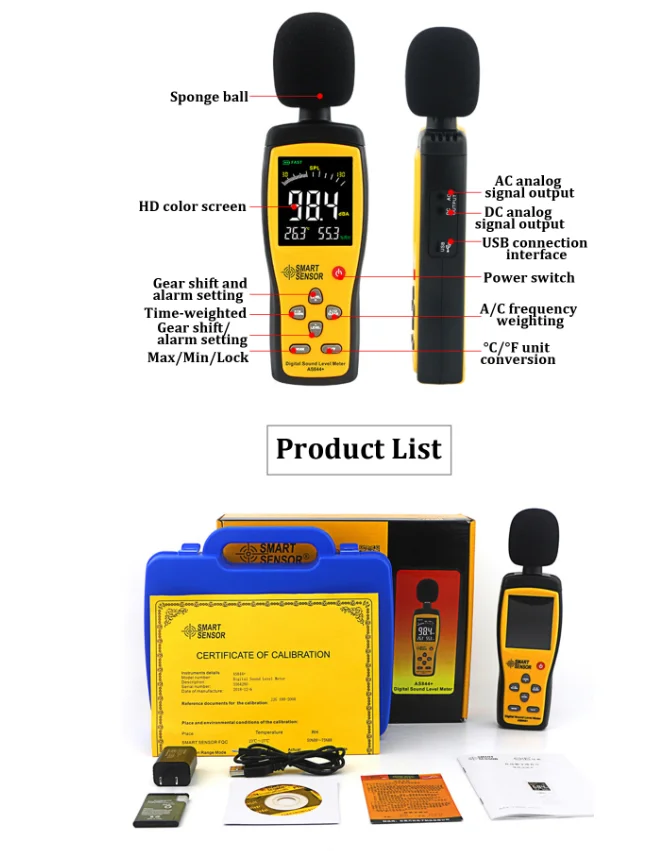 Digital LCD Display Sound Level Noise Meter 30-130dB Decibel Tester Audio/Volume Measuring Instrument Sound Level Meter AS844+