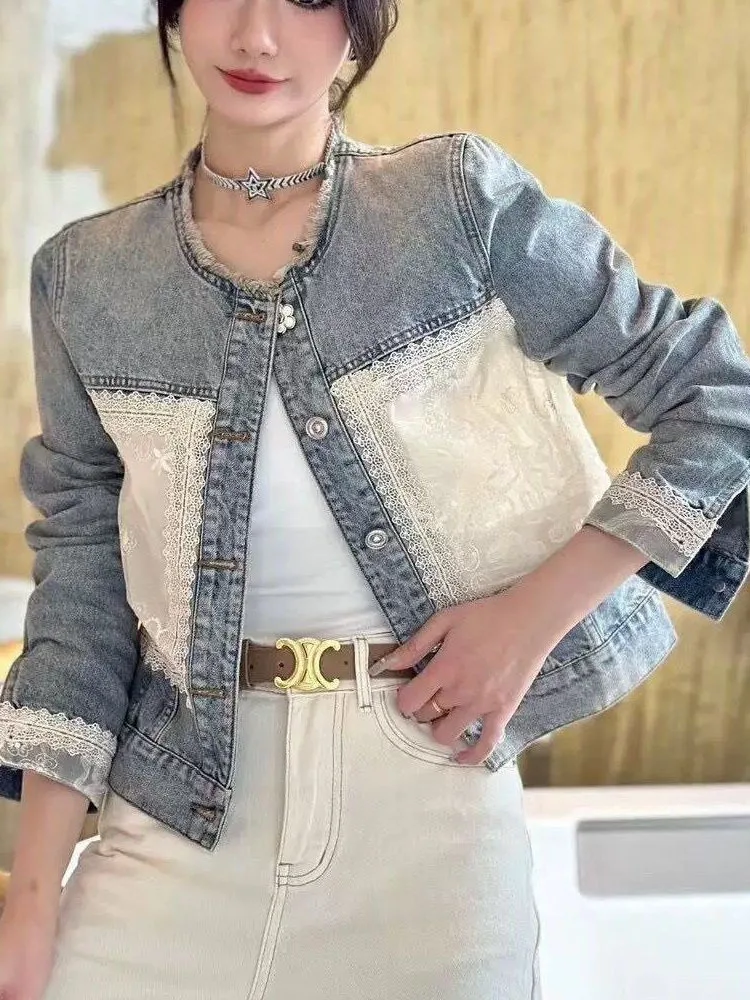 Lace Patchwork Denim Jacket, New Small And Short Top For Women\'s 2024 Spring Autumn Jackets Woman 2024 Women\'s Denim Jacket