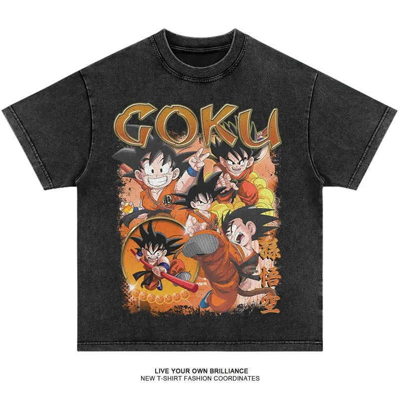 

Washed and Old Short-sleeved Retro Animation Seven Dragon Balls Sun Wukong Pure Cotton T-shirt Two-dimensional Summer Loose Tide