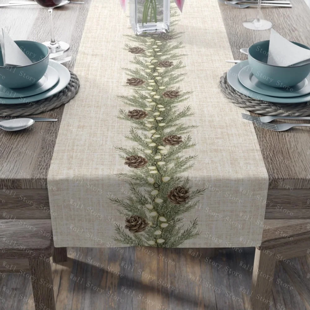 Rustic Christmas Table Runner Textured Background with Pine Garland Design Perfect Farmhouse Holiday Home Decor Table flag