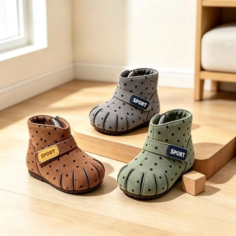 Toddler Boys Girls Polka Dot Leather Boots 2026 New Winter Kids Thermal Boots Non-slip Trendy Princess Party Wedding Dress Up