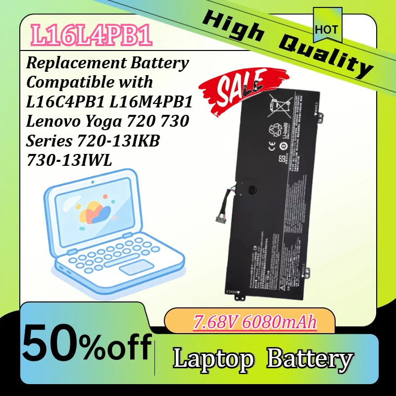 

7.68V 6080mAh 46Wh Notebook Replacement Battery Compatible with L16C4PB1 L16M4PB1 Lenovo Yoga 720 730 Series 720-13IKB 730-13IWL