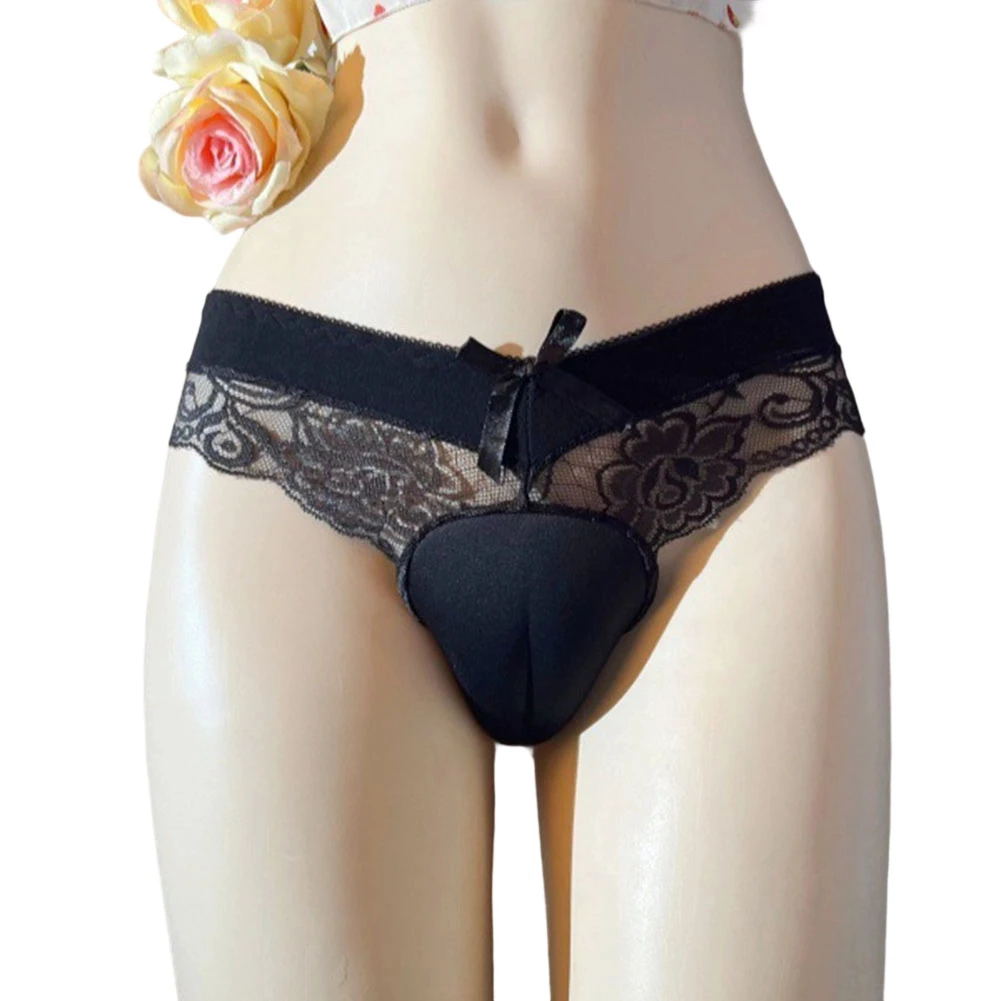 Men Lace Fake Vaginal Pad Sex Brief Solid Underwear For Man Briefs Sheer Sissy Calcinha Cross-dressing Panties Men's Underpants