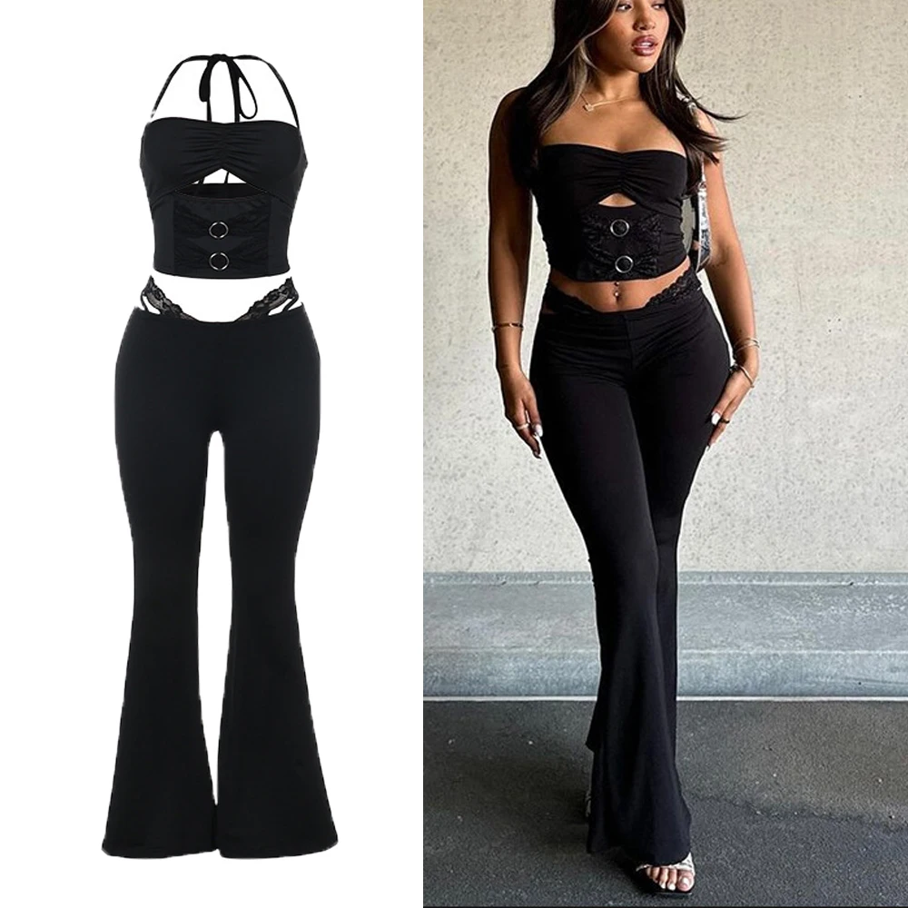 

DriftWear Street Style Lace Trim Cami Set Sexy Hollow Out Tank Top Stretchy Wide Leg Pant Y2K Edgy 2pcs Outfit Palazzo Pants Set