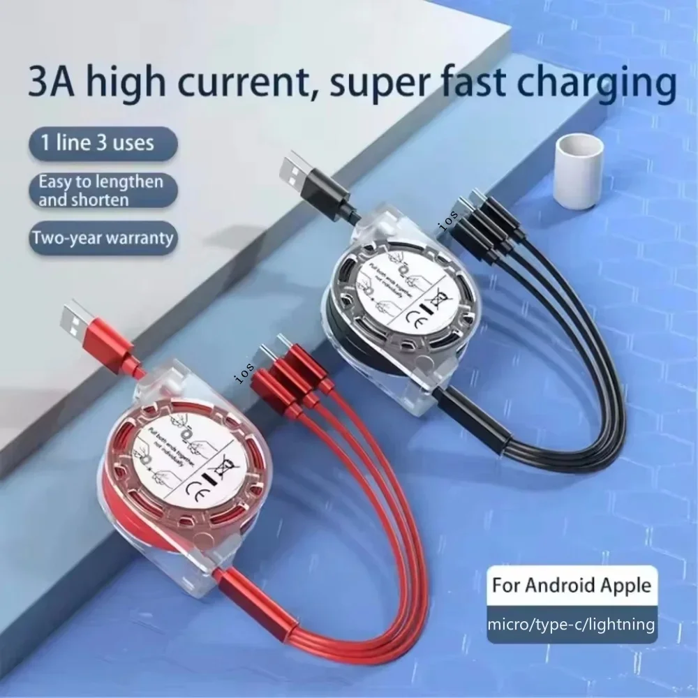 3 in 1 Retractable Data USB Cable Type C Fast Charging Cable – Multi Charger Cord For iPhone Android Phone Type C Xiaomi Huawei