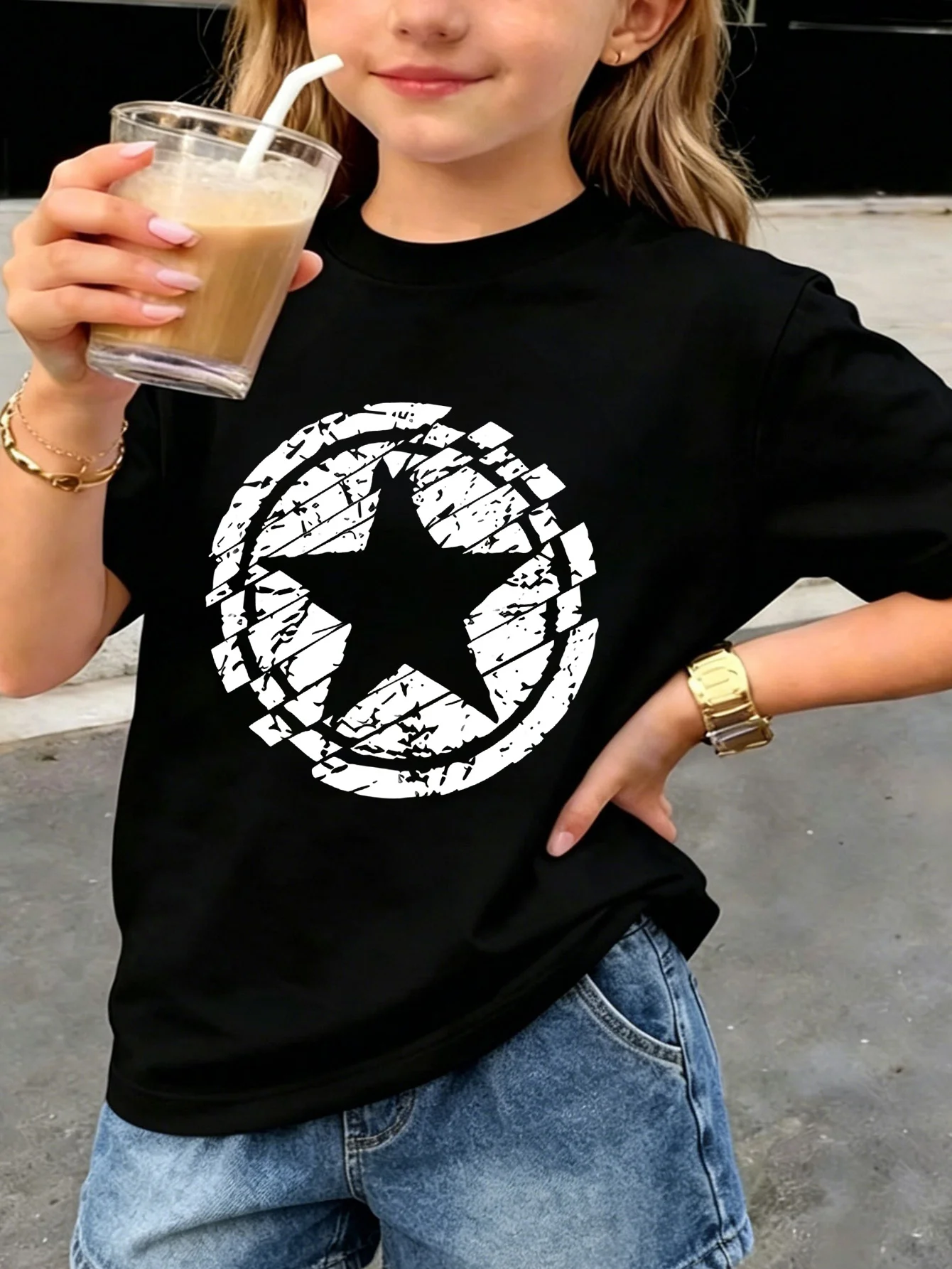 Boys Girls Family Matching Tee Vintage Worn Texture Circle Star Art Print Short Sleeve Soft Cotton Kids Daily Outdoor Outfit