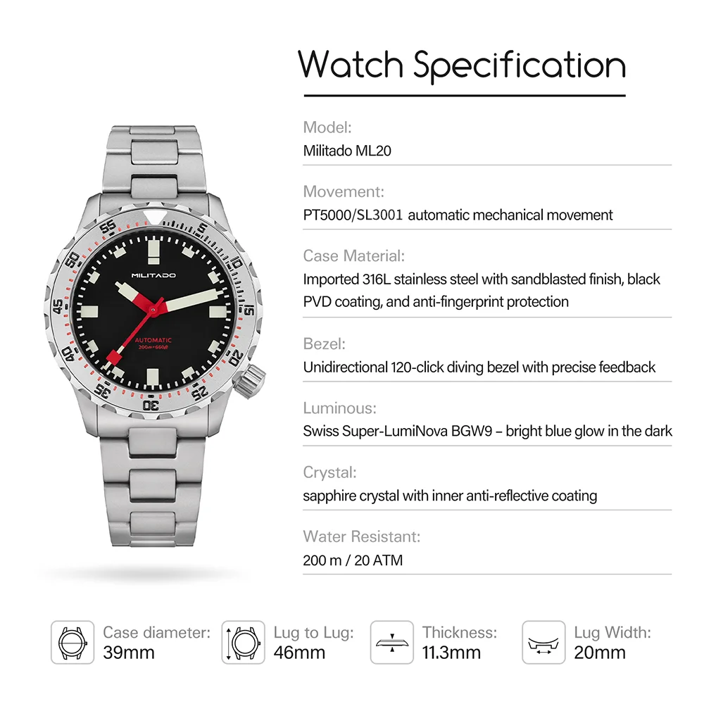 Militado Ml20 V2 39Mm Automatic Dive Watch PT5000/SL3001 Mechanical Watches Sapphire Crystal 200M Waterproof Swiss Lumes BGW9